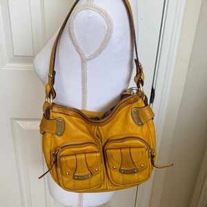 b. makowsky Mustard Yellow Leather Shoulder Bag with Front Pockets